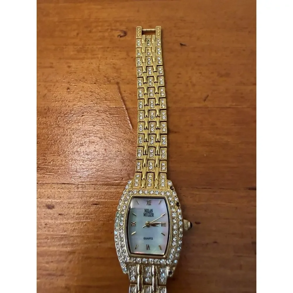 Nolan Miller Glamour Collection Crystal Gold Tone Bracelet Watch Mother Of Pearl